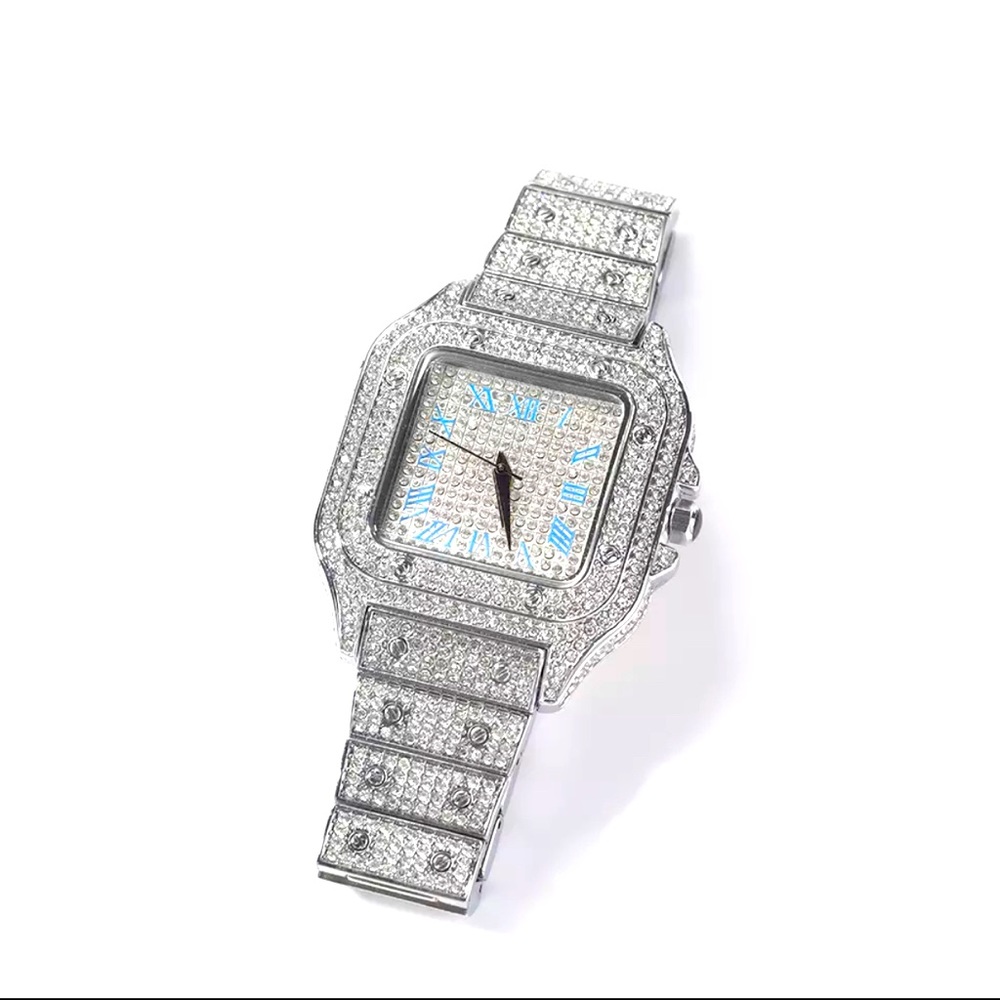 NEW Iced Out Bling Hip Hip Watch. Silver/Blue Roman Numerals. Unisex. Gorgeous!